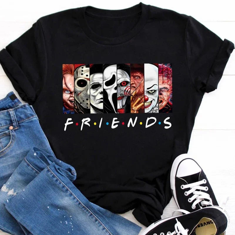 Black t-shirt with graphic design of famous movie villains and 'FRIENDS' text, paired with jeans and sneakers.