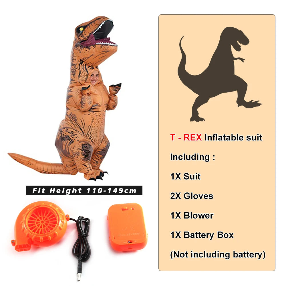 T-Rex inflatable suit with blower and battery box, including a card detailing product information.