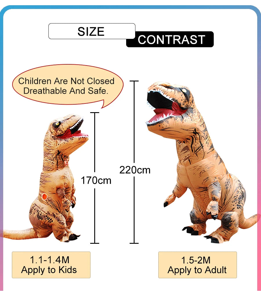 Inflatable T-Rex costume with size and contrast information for children and adults.