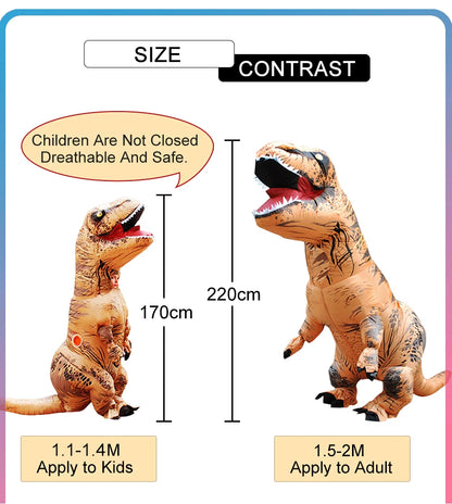 Inflatable T-Rex costume with size and contrast information for children and adults.
