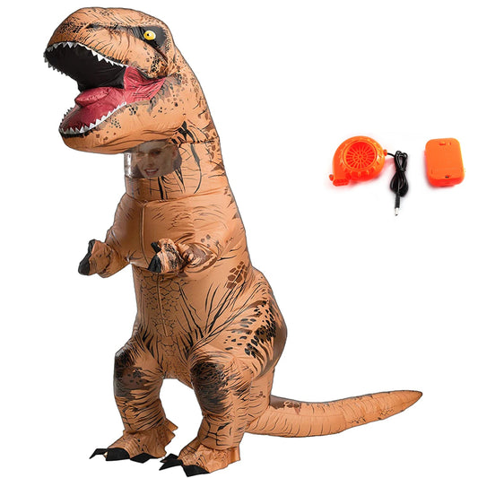 Inflatable T-Rex costume with remote control, battery pack, and charging cable on a white background.