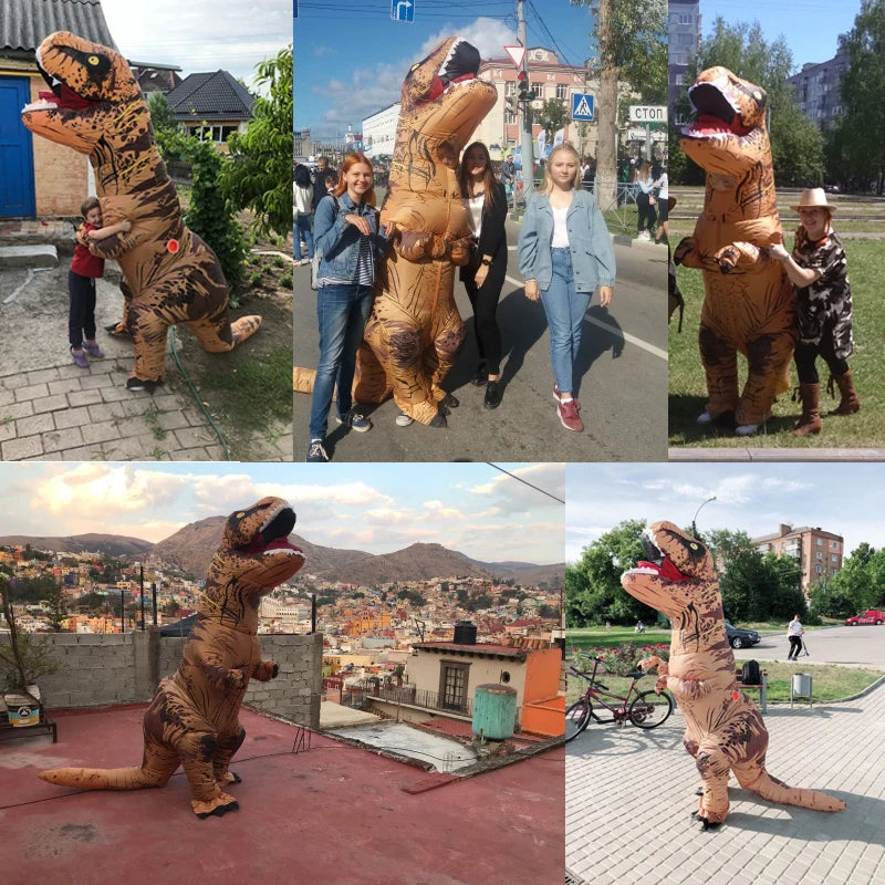 Collage of people wearing inflatable T-Rex costumes in various outdoor settings.
