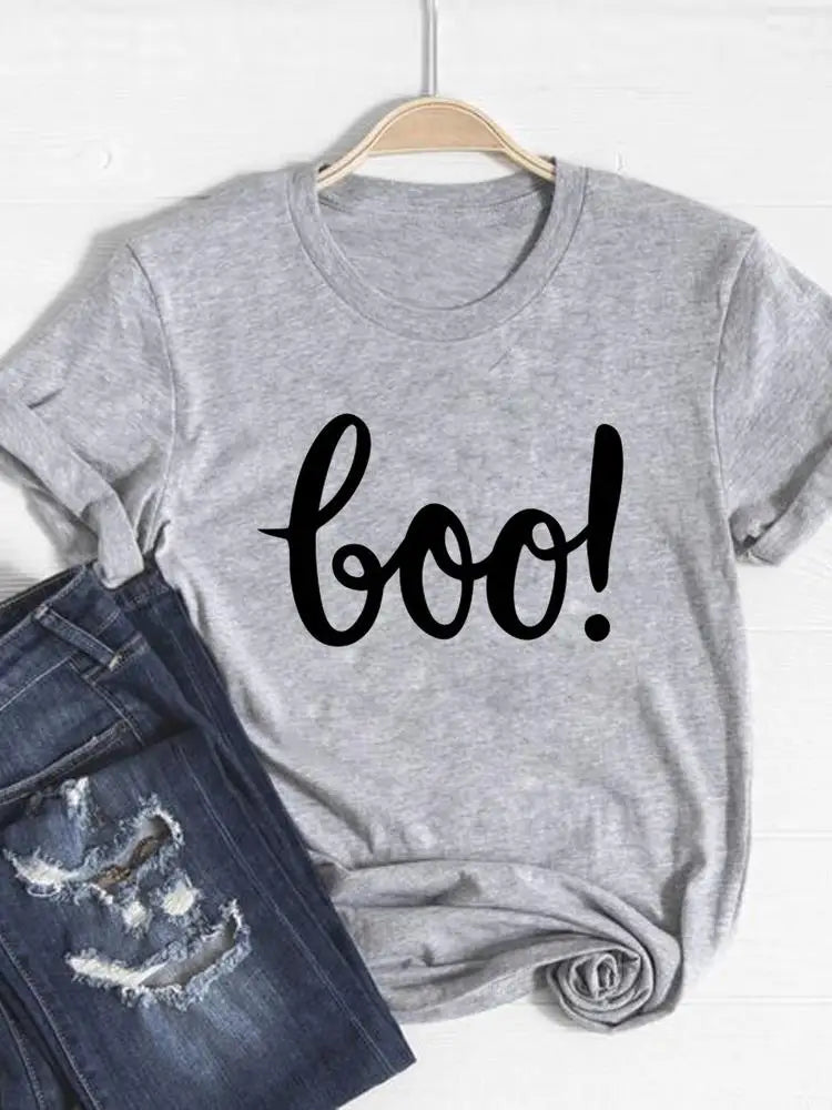 Gray t-shirt with 'boo!' text on a hanger with jeans below