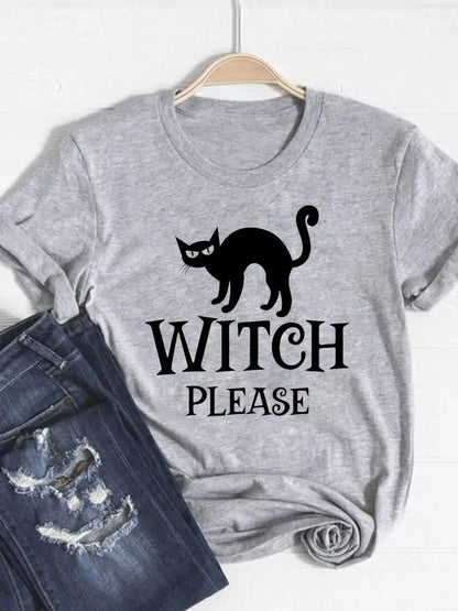 Gray t-shirt with a black cat graphic and 'Witch Please' text on a hanger with jeans below.