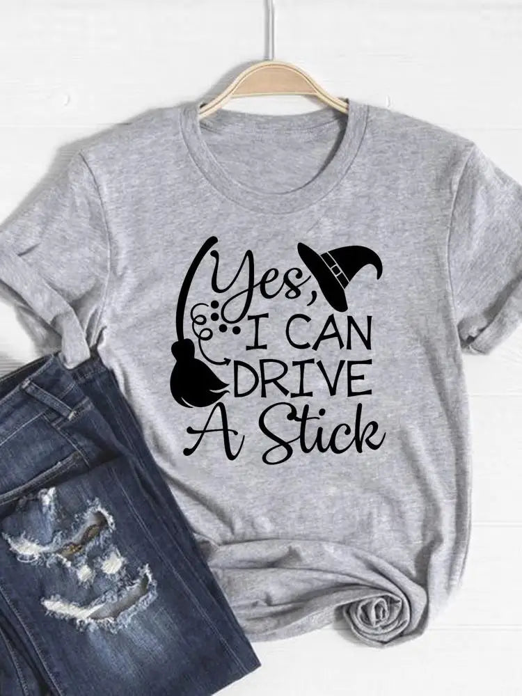 Gray t-shirt with black text and graphics on a hanger