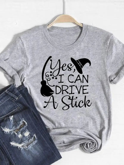 Gray t-shirt with black text and graphics on a hanger