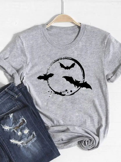 Gray t-shirt with bats design on a hanger