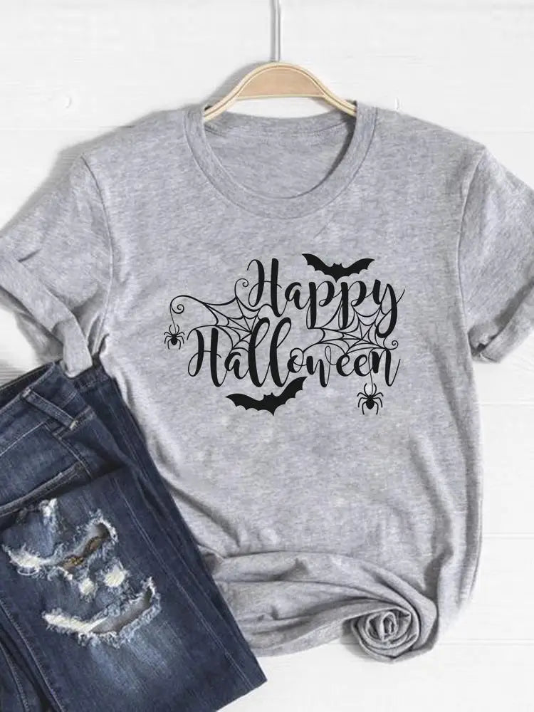 Gray t-shirt with 'Happy Halloween' text and bats on a hanger with jeans below.