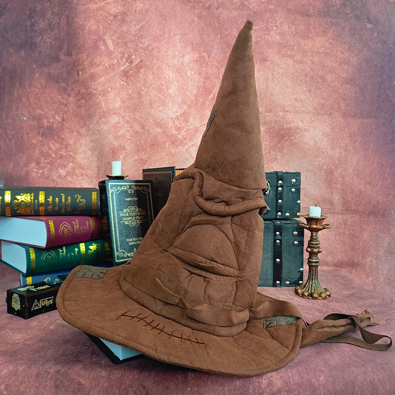 Brown wizard hat with books and a candle on a pink textured background