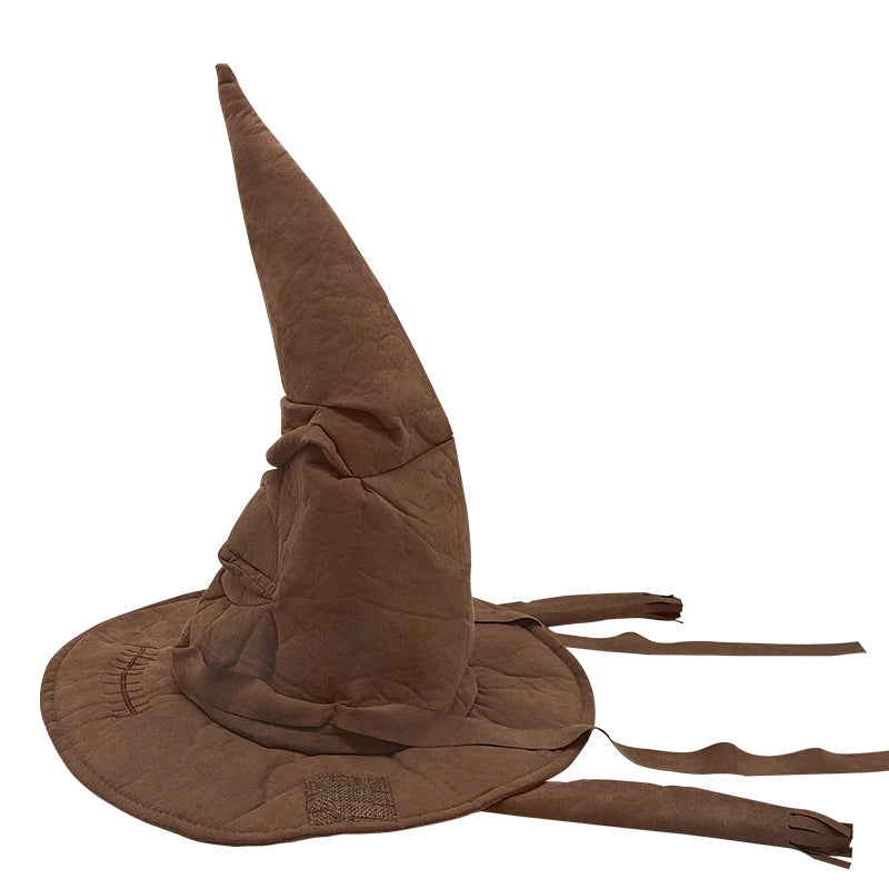 Brown wizard hat with long tassels on a white background