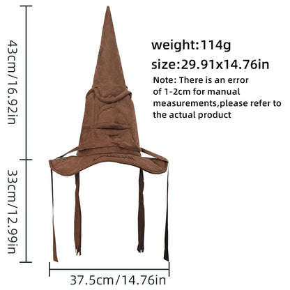 Brown pointed hat with measurements and weight information on a white background