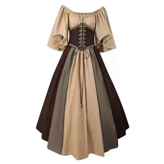 Two-tone dress with beige top and brown skirt on a white background
