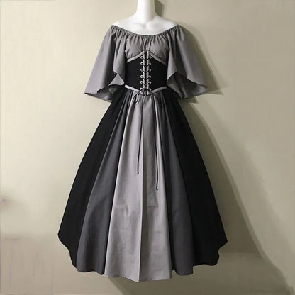 Gray off-shoulder dress with black corset on a mannequin against a beige background
