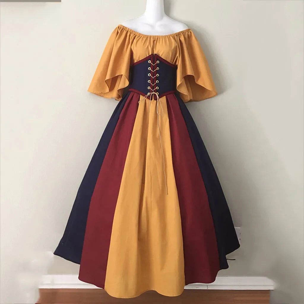 Multicolored off-shoulder dress on a mannequin against a plain background