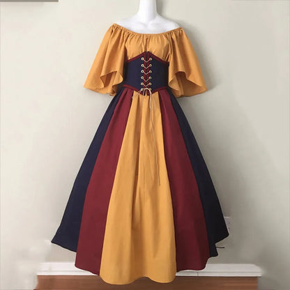 Multicolored off-shoulder dress on a mannequin against a plain background