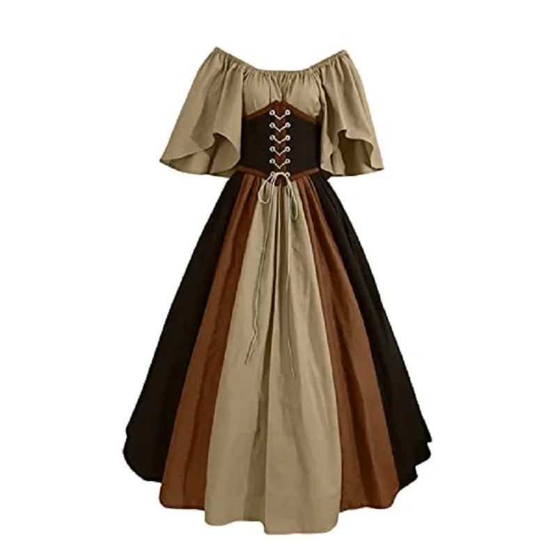 Long dress with off-shoulder sleeves in brown and beige on a white background