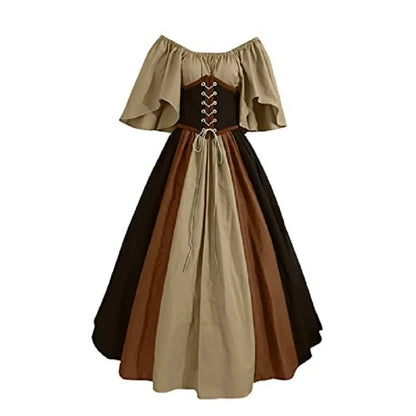 Long dress with off-shoulder sleeves in brown and beige on a white background