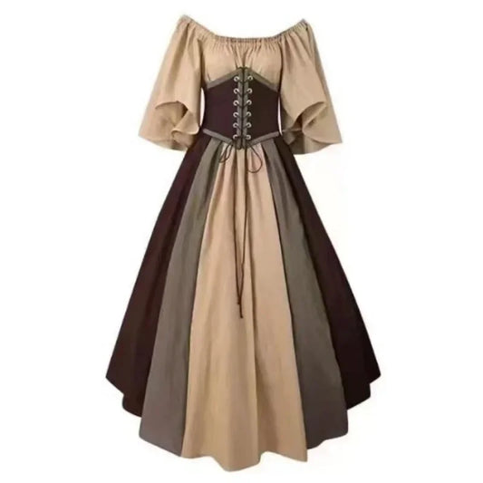 Two-tone dress with beige top and brown skirt on a white background