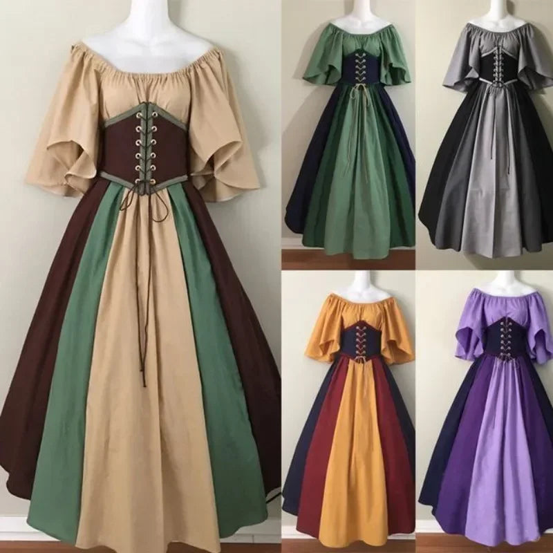 Collection of medieval-style dresses in various colors on mannequins.