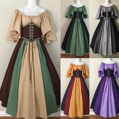Collection of medieval-style dresses in various colors on mannequins.